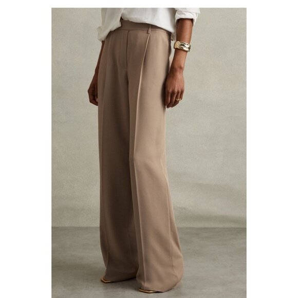 Reiss Petite Elastic Waist Wide Leg Trousers Mink Neutral Beige Pants Size 4R - Picture 1 of 8